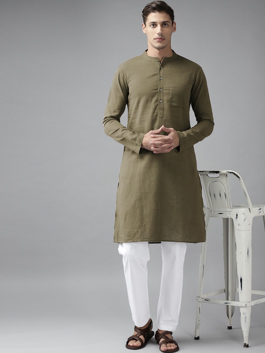 See Designs Olive Green Thread Work A-Line Kurta
