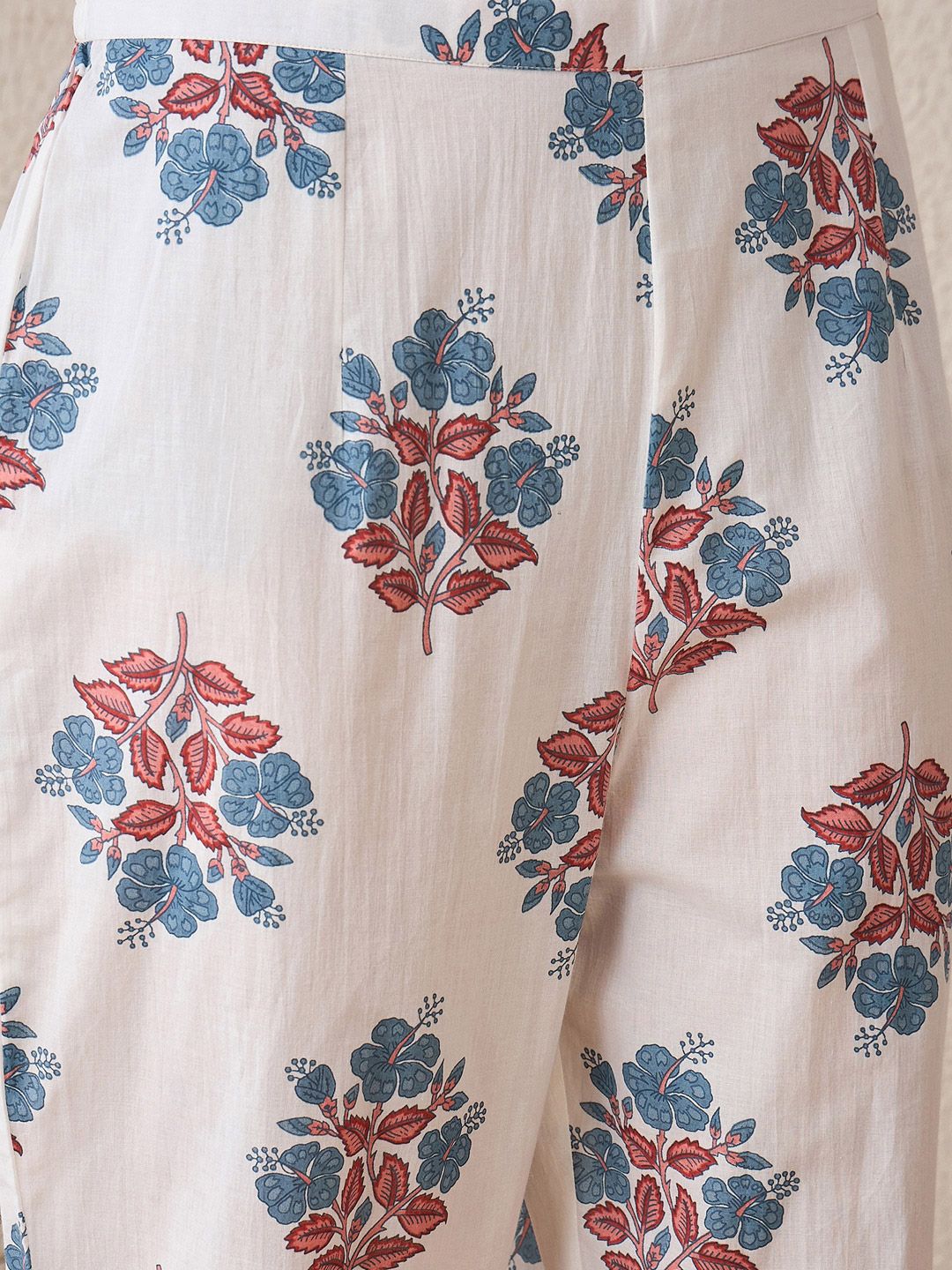 Indo Era Floral Printed V-Neck Cotton A-Line Kurta With Trousers