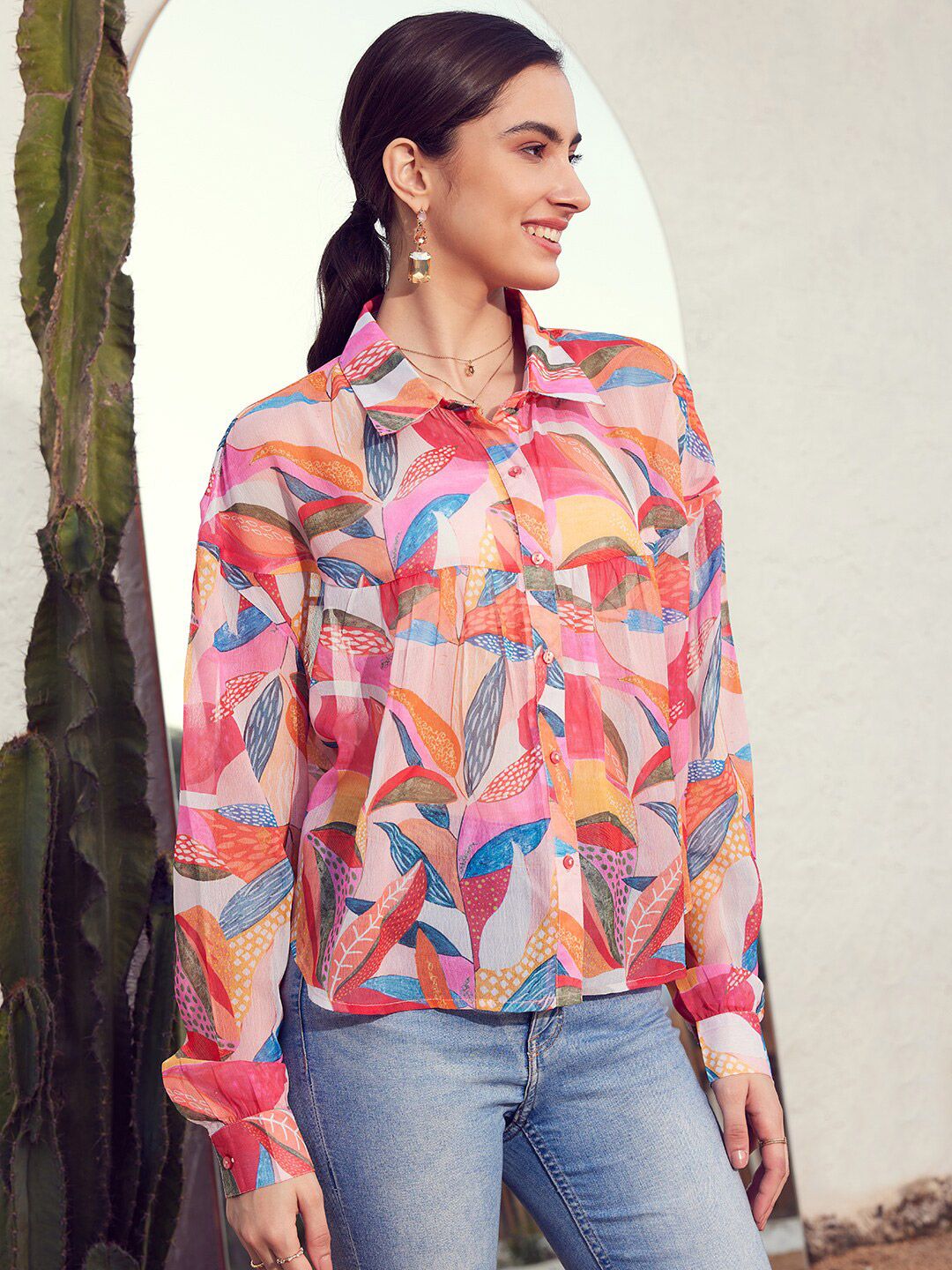STREET 9 Women Pink & Yellow Comfort Floral Printed Casual Shirt