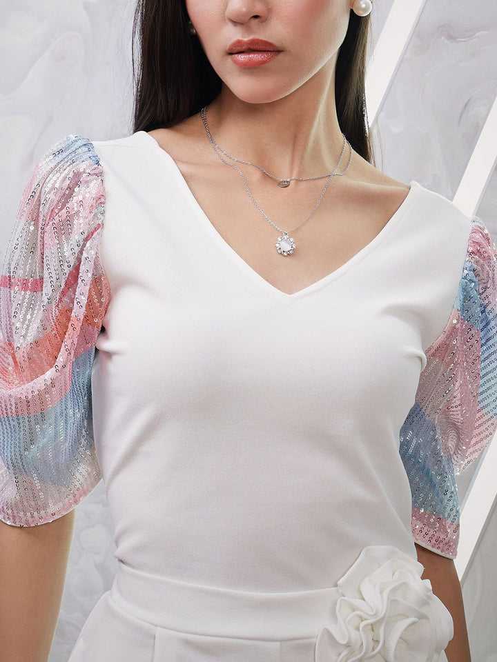 Athena White V-Neck Puff Sleeve Top