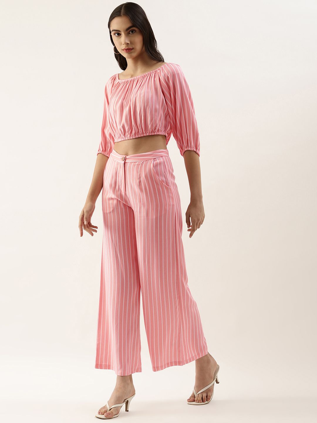 AND Women Pink & Off White Striped Fringed Crop Top with Palazzos