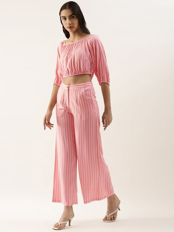 AND Women Pink & Off White Striped Fringed Crop Top with Palazzos