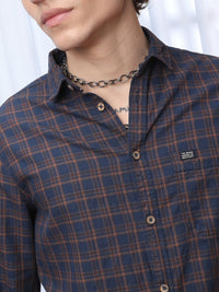 The Indian Garage Co Men Navy Blue & Brown Checked Casual Shirt