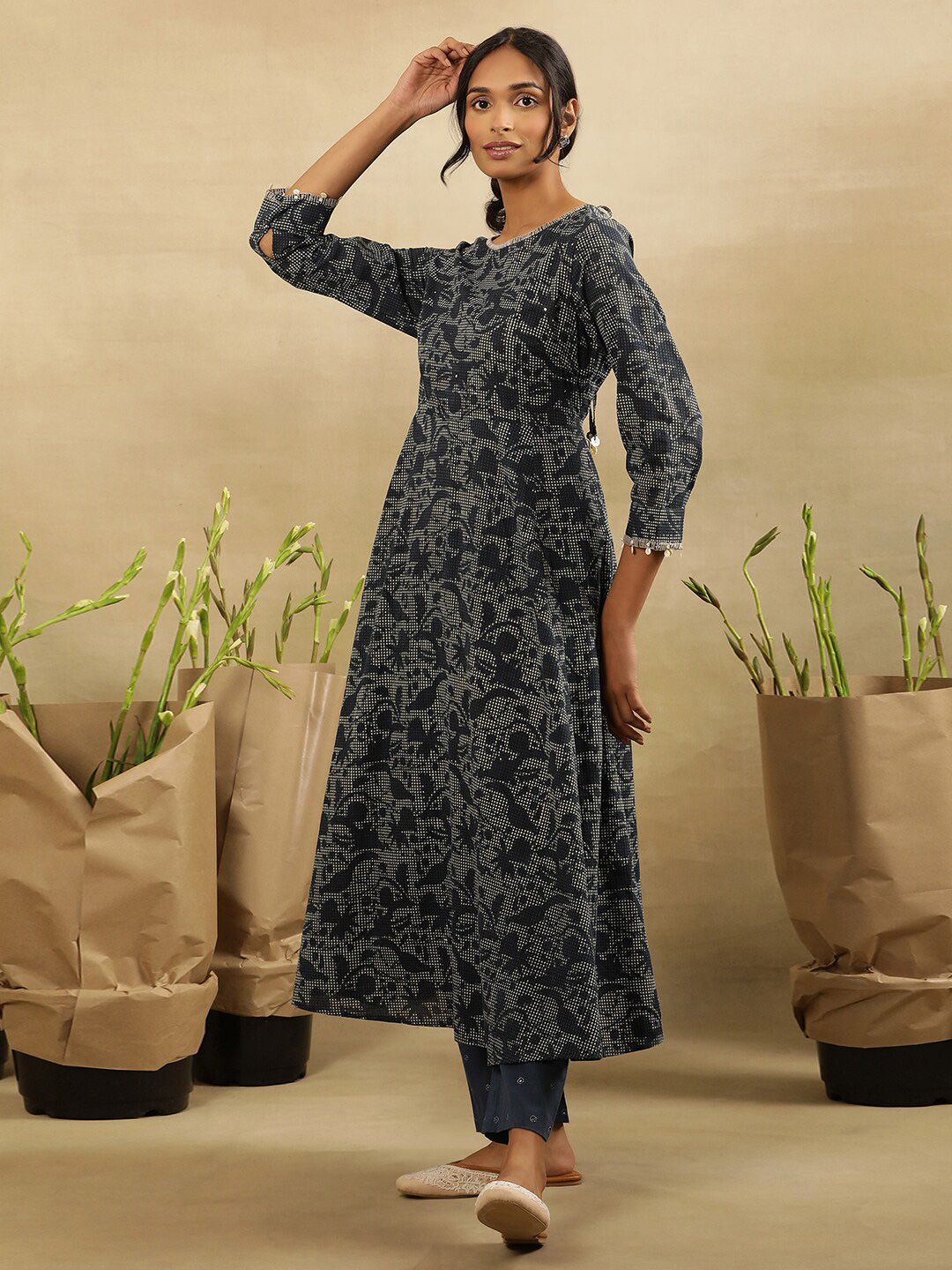 W Floral Printed A-Line Midi Cotton Dress