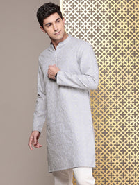 House of Pataudi Floral Embroidered Mandarin Collar Sequinned Pure Cotton Jashn Kurta