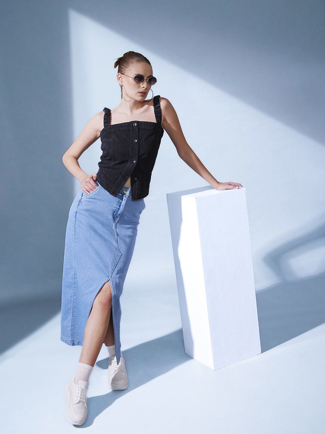 STREET 9 Black Shoulder Straps Denim Top