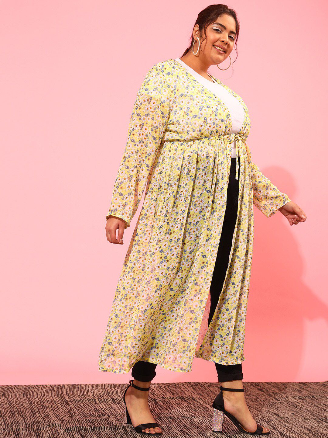 CURVY STREET Women Floral Printed Longline Tie-Up Shrug