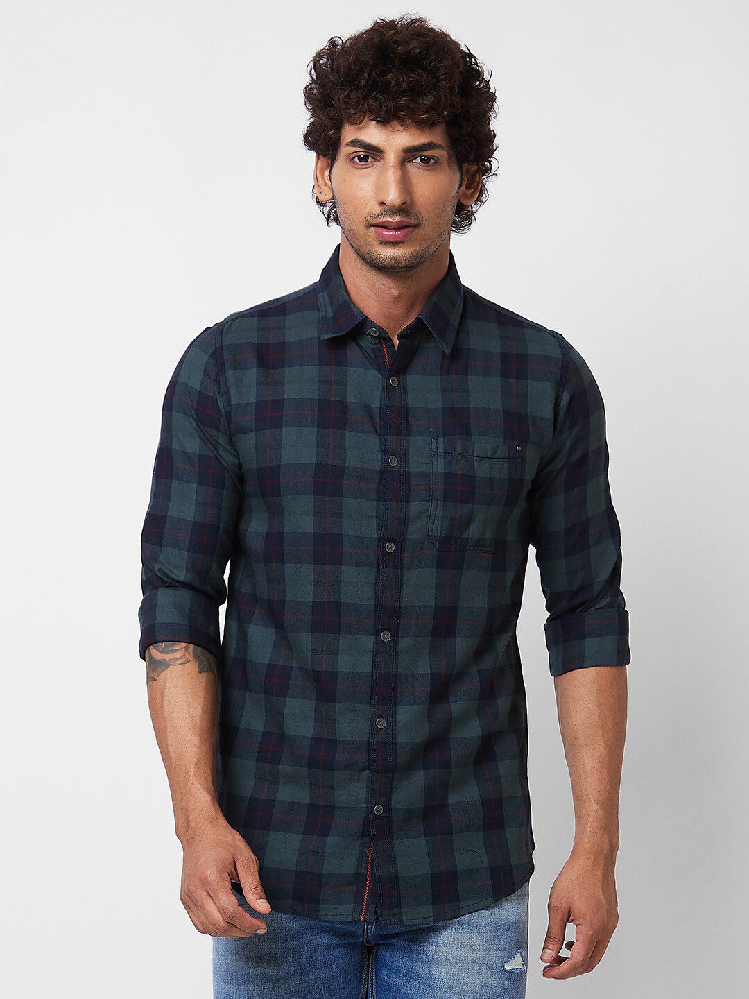 SPYKAR Long Sleeves Regular Fit Cotton Buffalo Checks Opaque Checked Casual Shirt