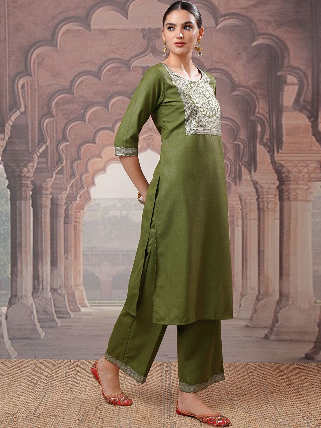 Vishudh Green Ethnic Motifs Printed Kurta with Palazzo & Dupatta