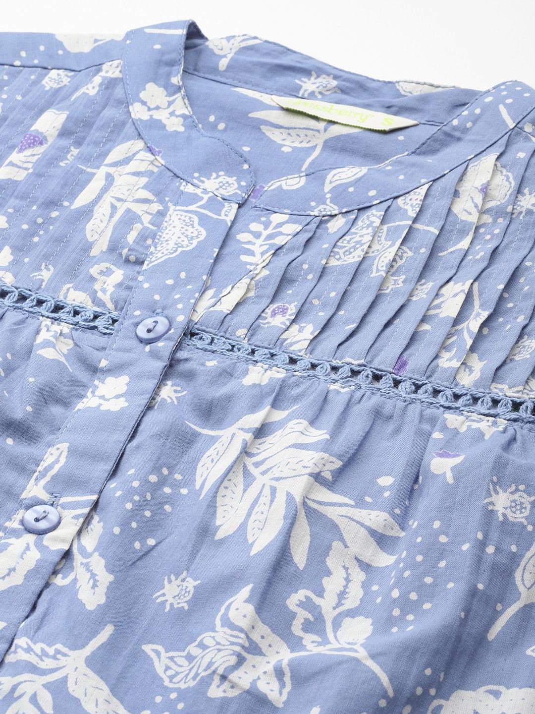 DressBerry Floral Print Mandarin Collar Cotton Shirt Style Top