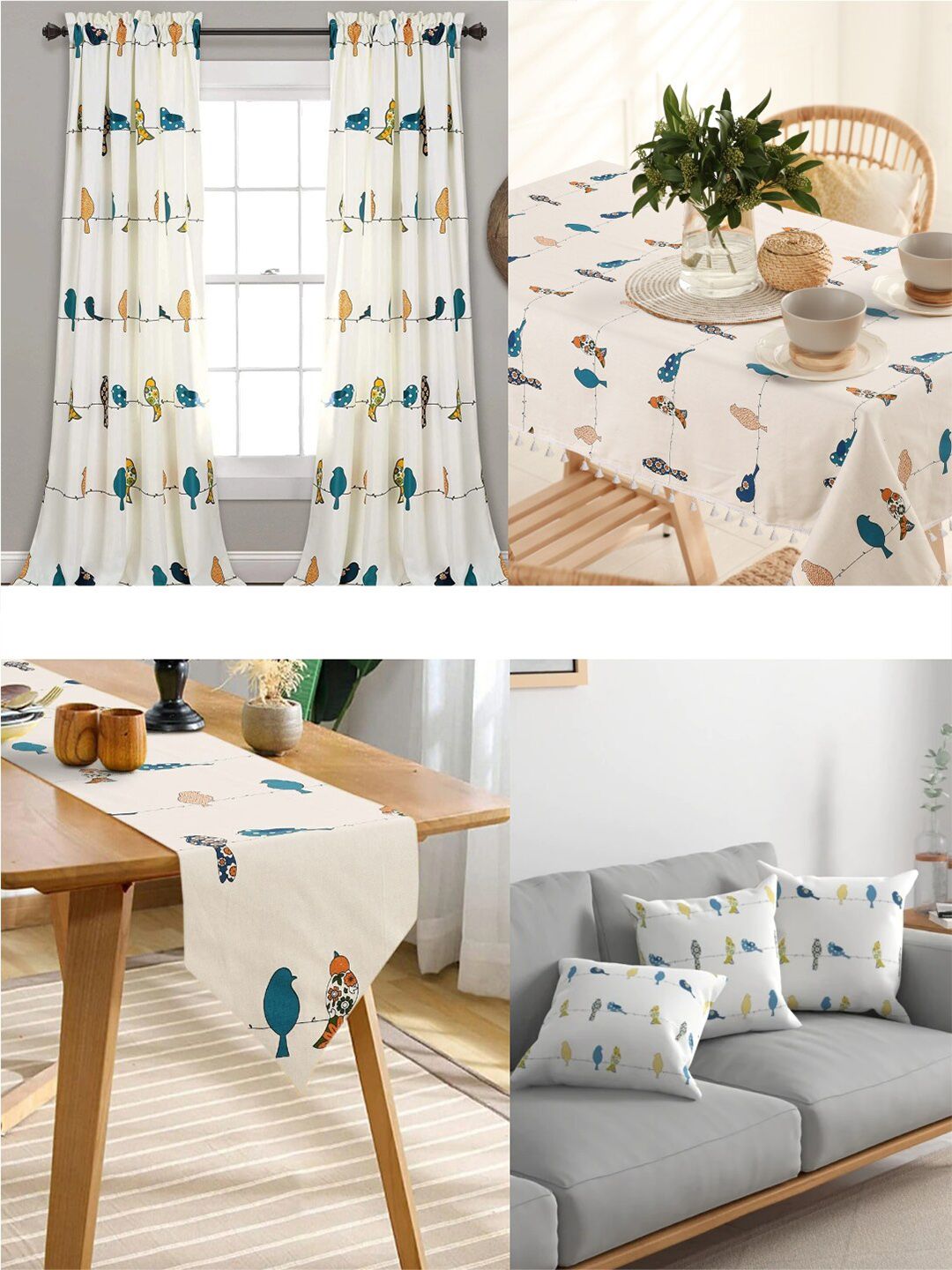 URBAN SPACE Off-White & Blue Printed Pure Cotton 6-Seater Table Cover