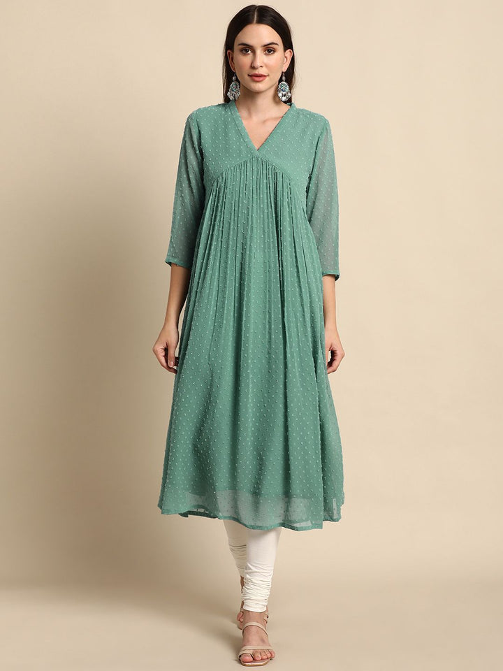 Janasya Women's Green Chiffon Self Design Flared Kurta