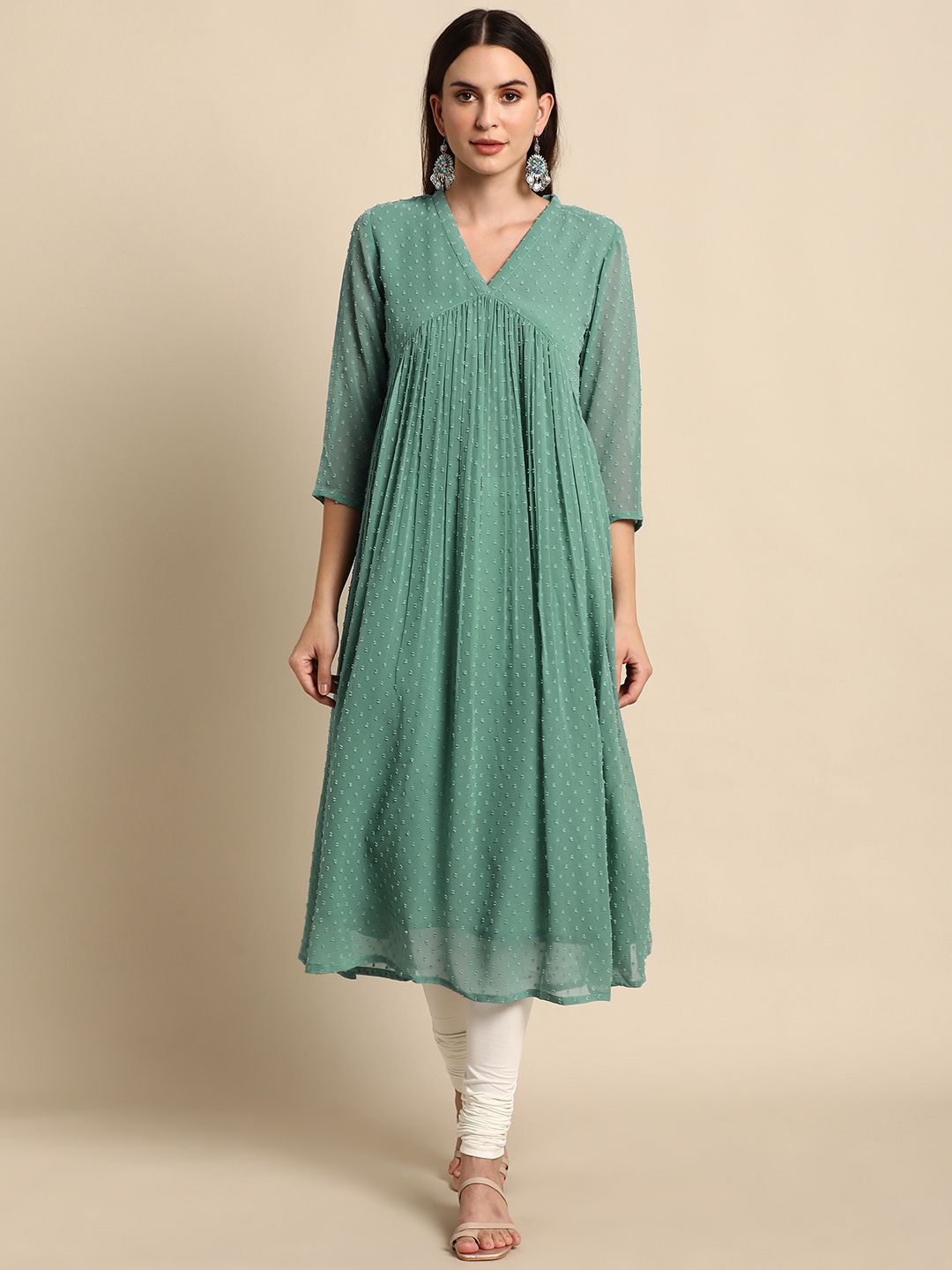 Janasya Women's Green Chiffon Self Design Flared Kurta