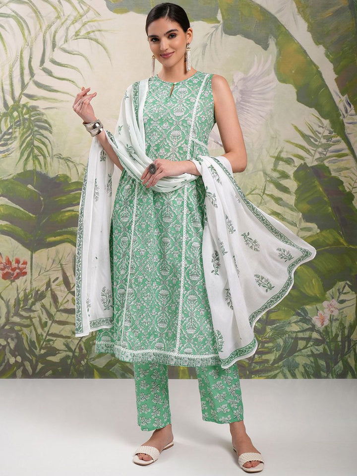 Vishudh White Floral Printed Gotta Patti Pure Cotton A-Line Kurta With Trousers & Dupatta