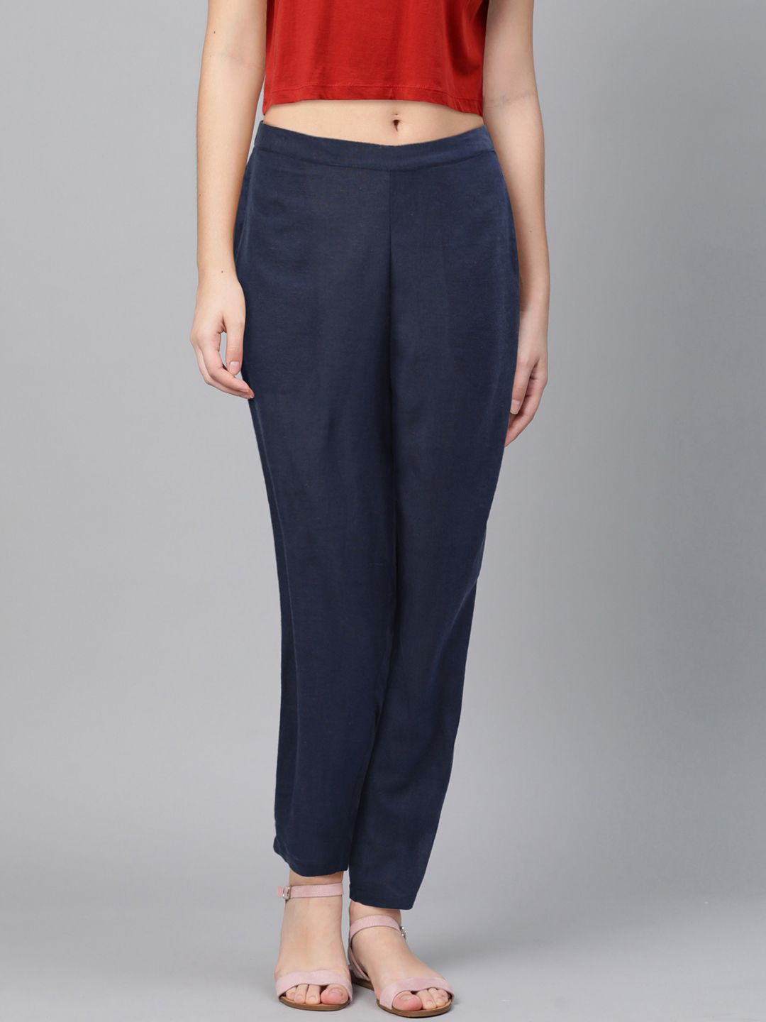 Global Desi Women Navy Blue Regular Fit Solid Regular Trousers