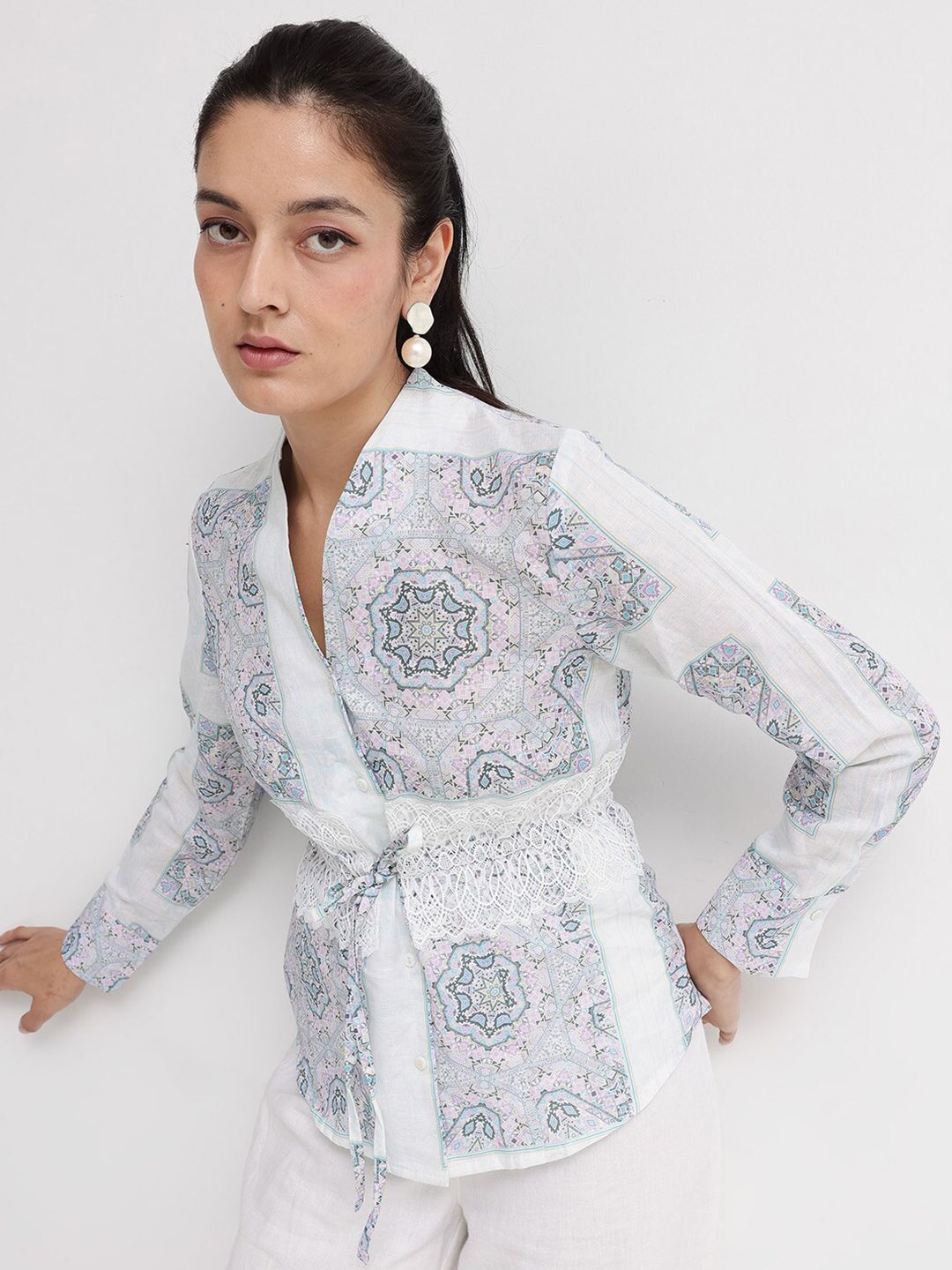RAREISM Ethnic Motifs Printed Mandarin Collar Cotton Cinched Waist Top