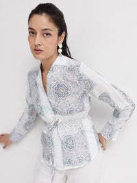 RAREISM Ethnic Motifs Printed Mandarin Collar Cotton Cinched Waist Top