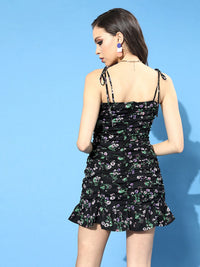 Berrylush Black Floral Crepe Bodycon Mini Dress