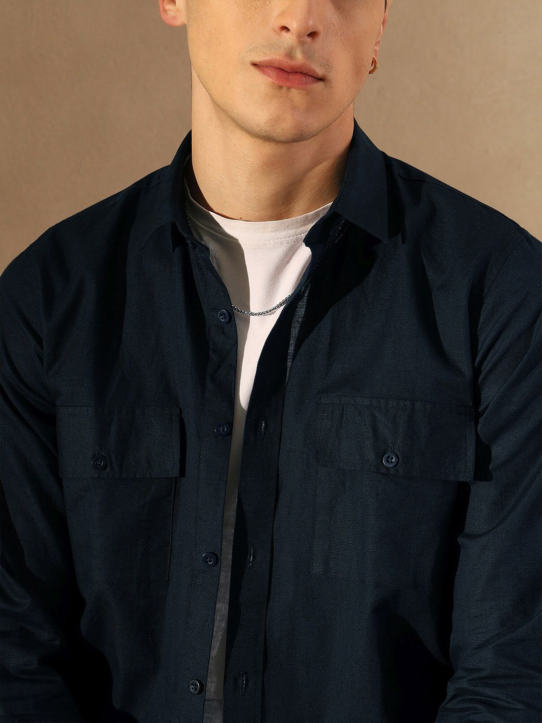 DENNISON Smart Spread Collar Cotton Linen Double Pocket Casual Shirt