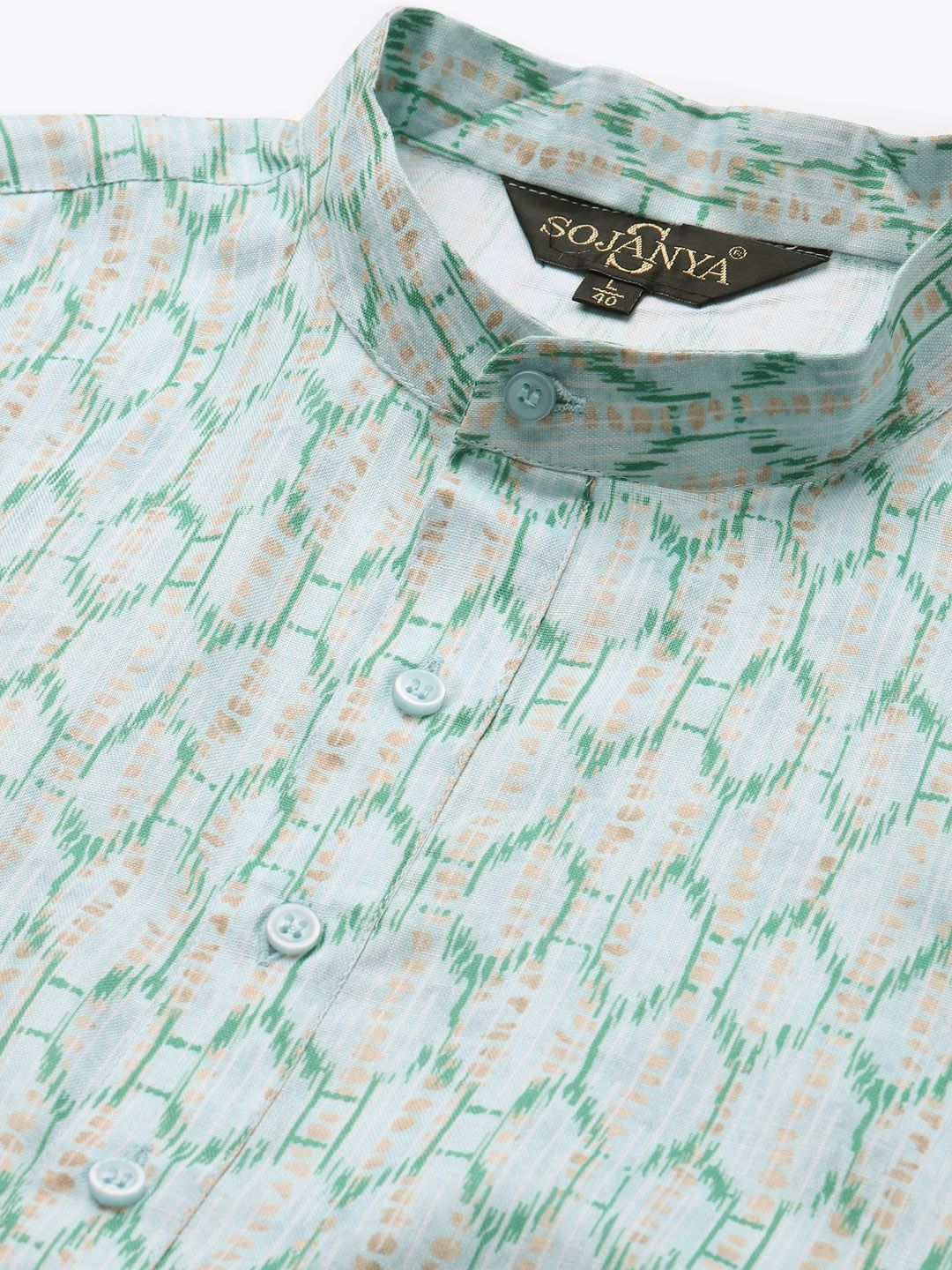 SOJANYA Men Sea Green & Beige Pure Cotton Geometric Printed Kurta
