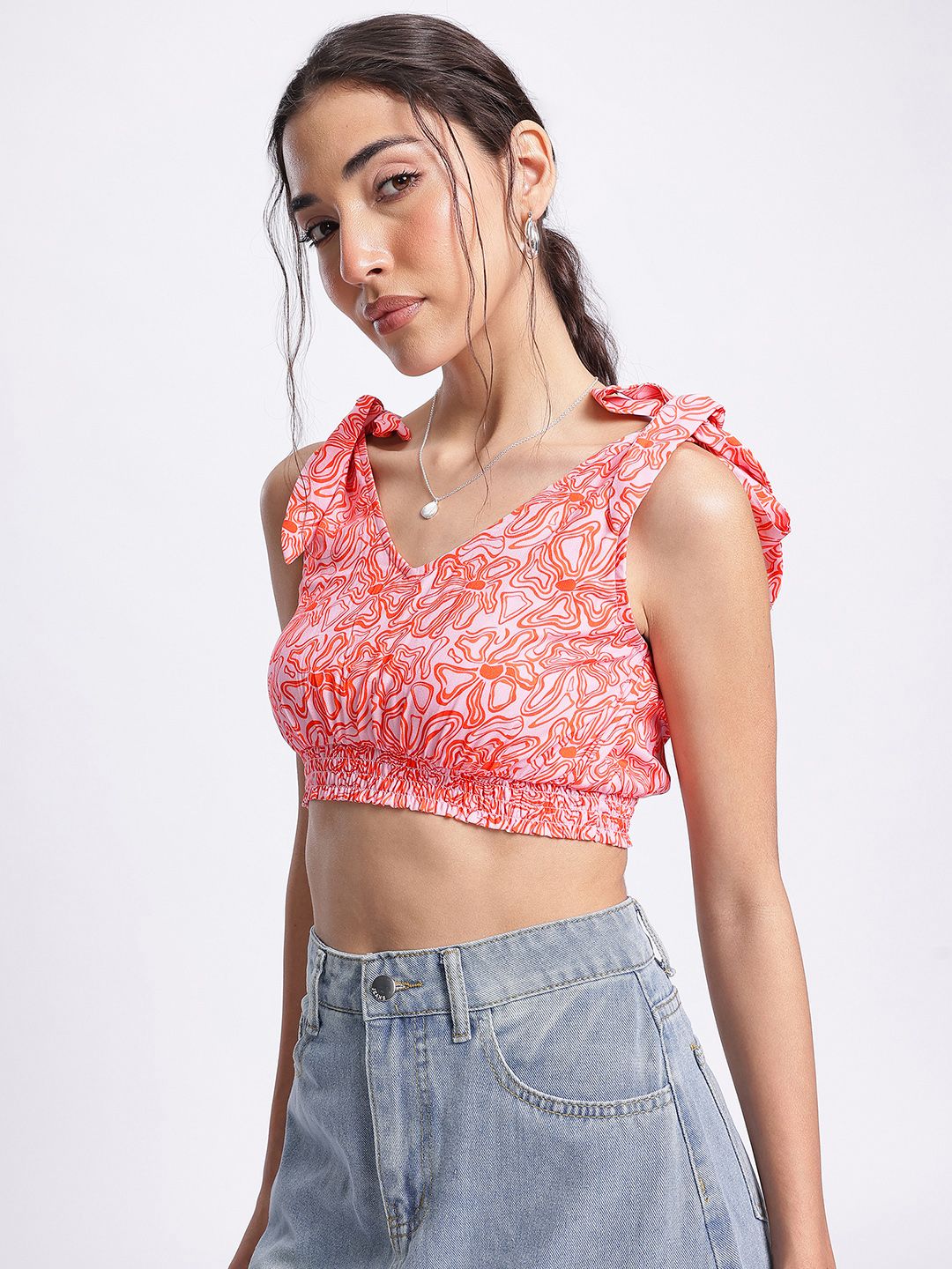 DressBerry Floral Frenzy Tie-Up Detail Smocked Crop Top