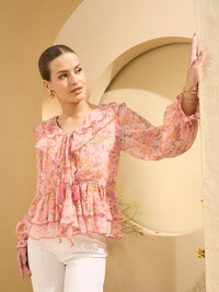 Antheaa Floral Printed Ruffles Detail Chiffon Peplum Top