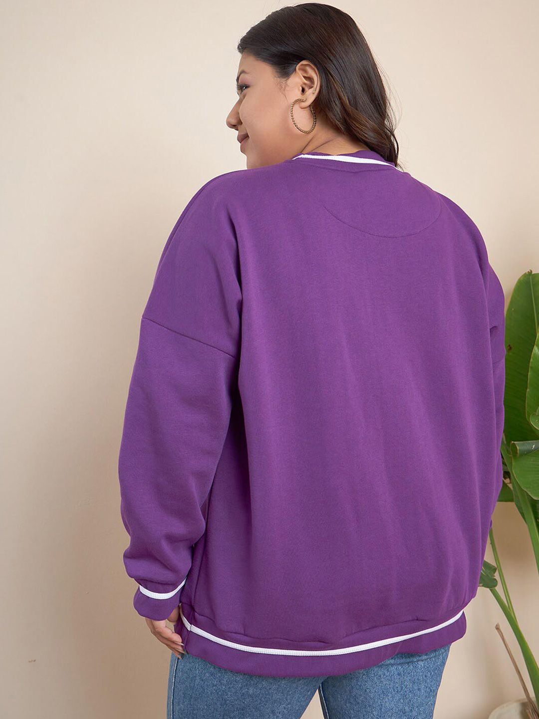 CURVY STREET Plus Size Typography Printed Ribbed Pure Cotton Sweatshirt
