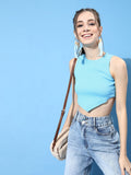 STREET 9 Woman Alluring Turquoise Blue Solid Cropped Top
