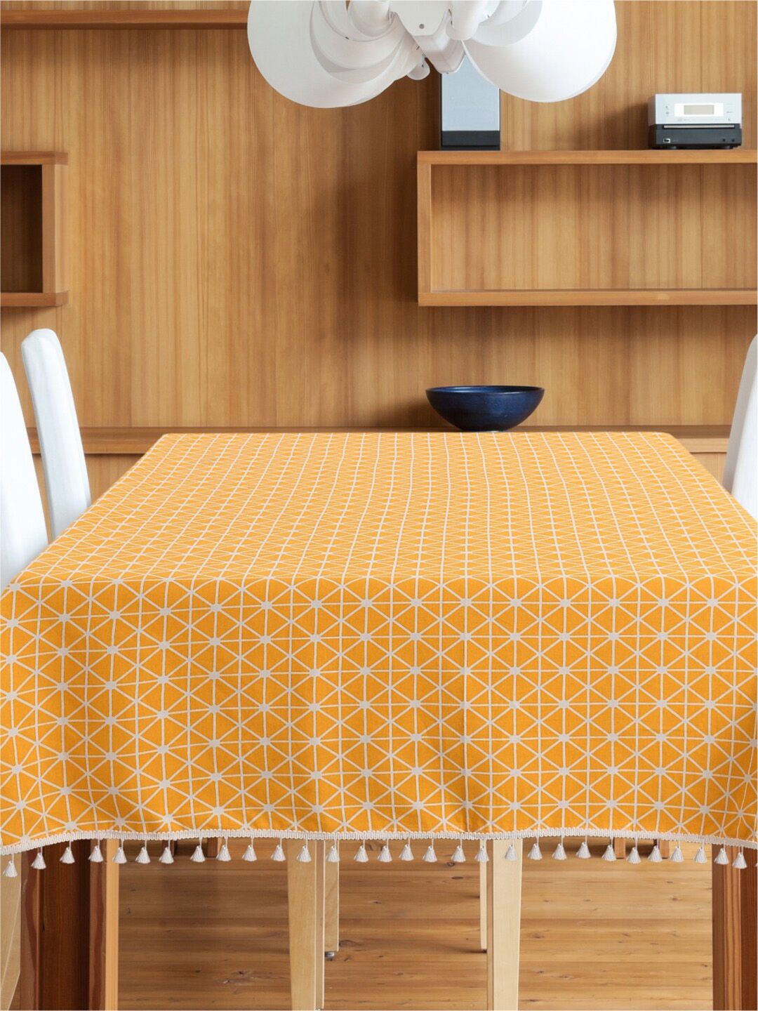 URBAN SPACE Yellow & White 4-Seater Geometric Printed Pure Cotton Square Table Cover