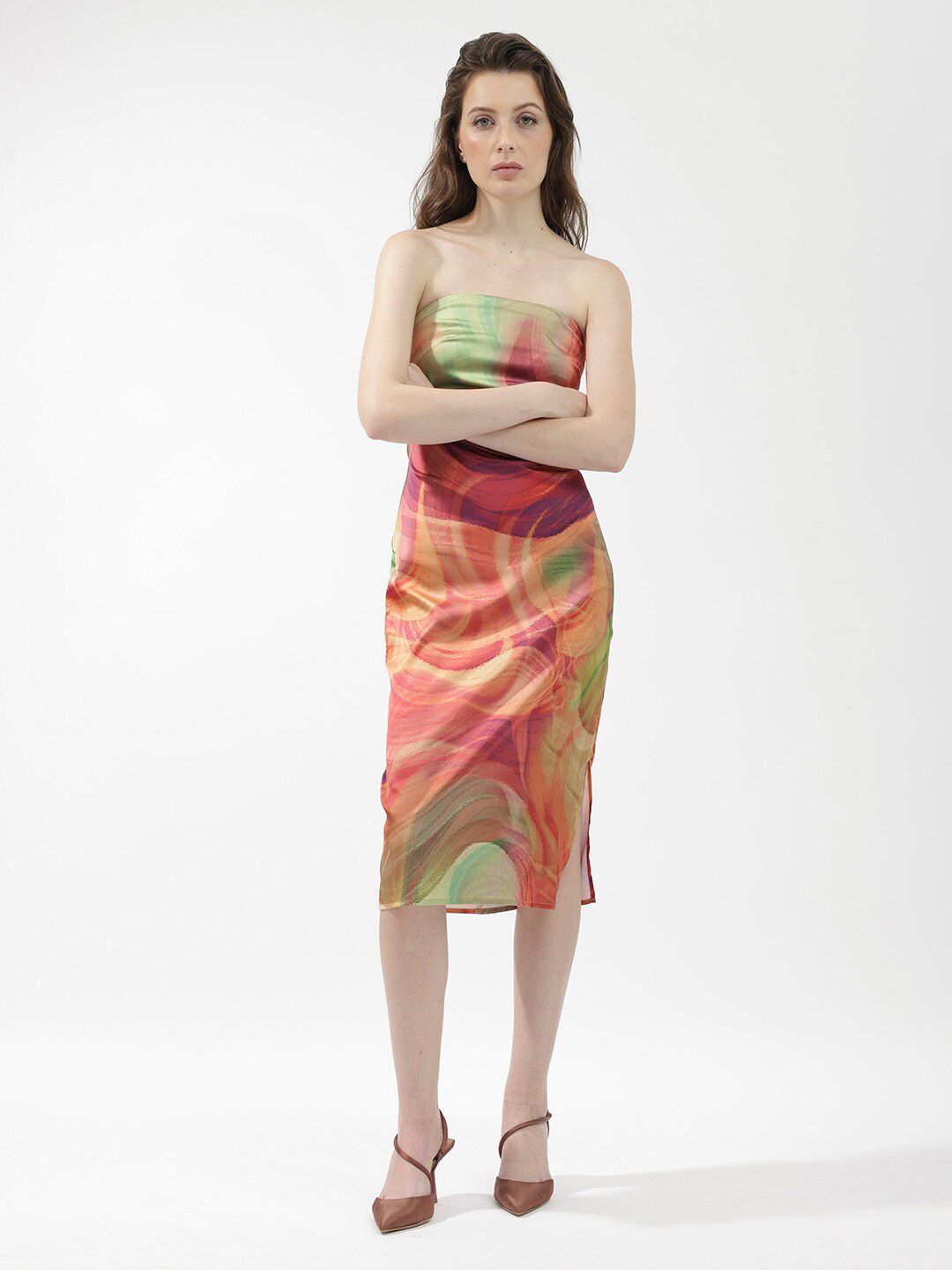 RAREISM Abstract Printed Strapless Bodycon Midi Dress