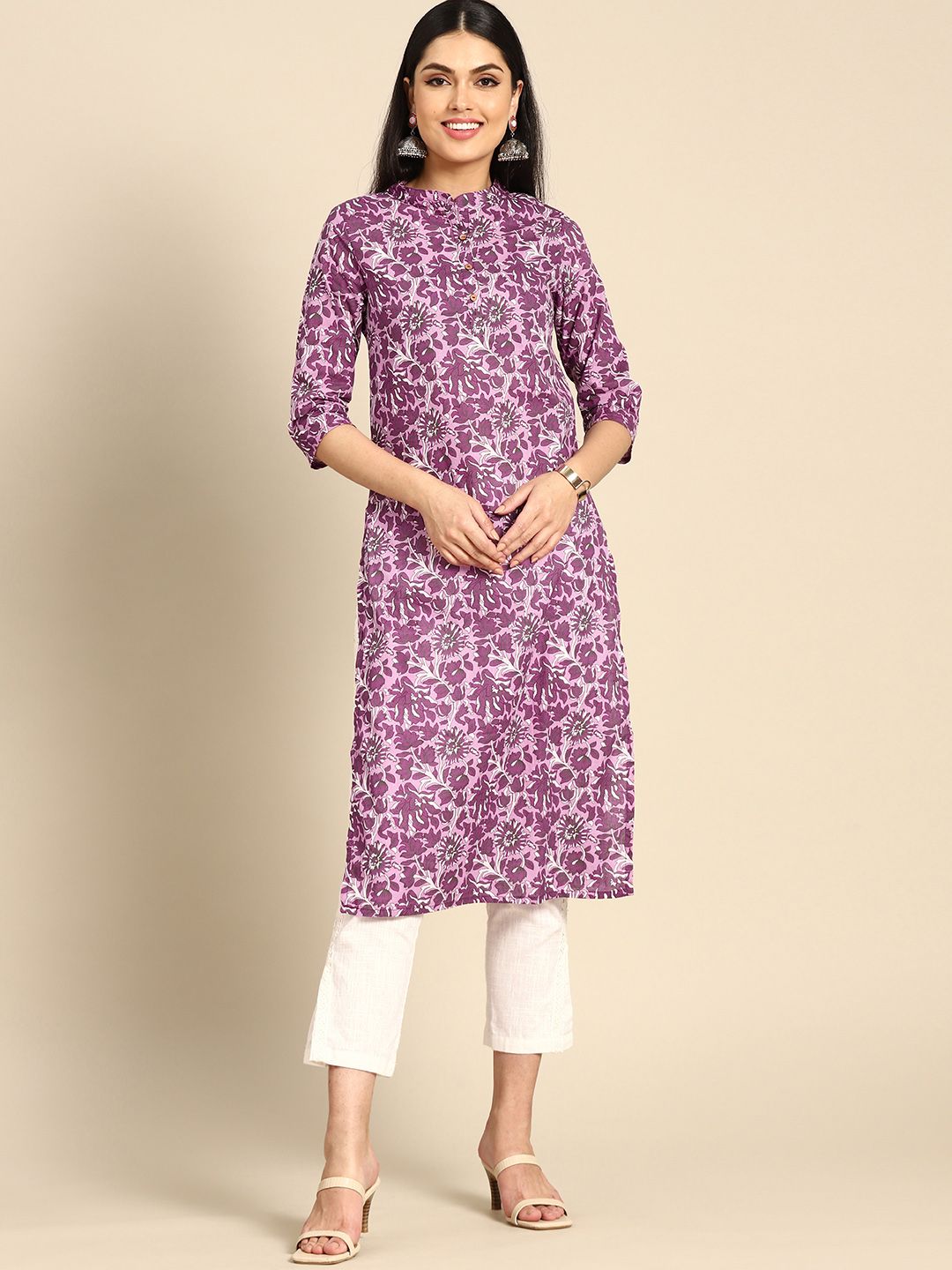 Anouk Women Purple & White Pure Cotton Ethnic Motifs Printed Kurta