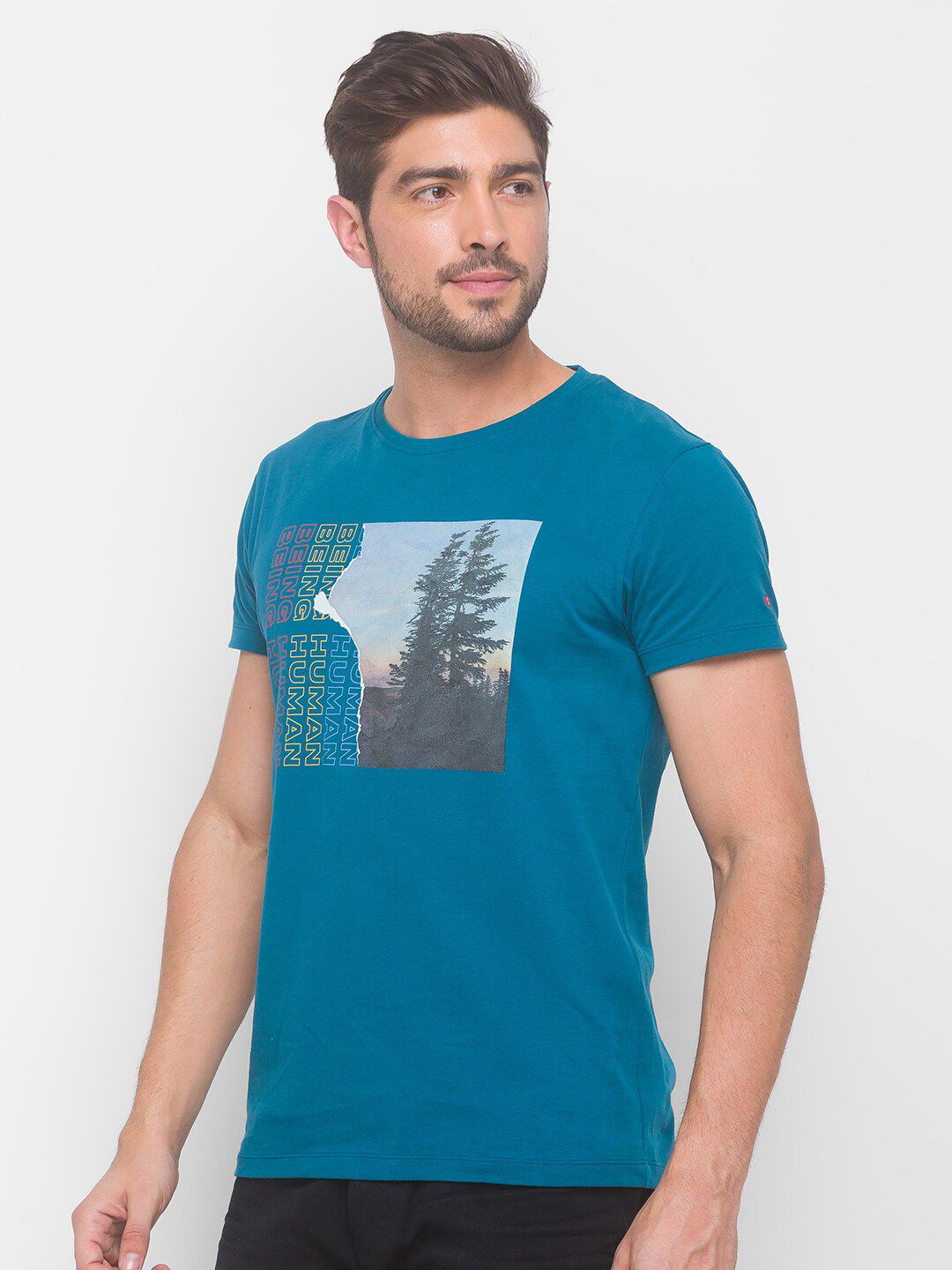 Being Human Men Blue & Yellow Printed Round Neck Cotton T-shirt