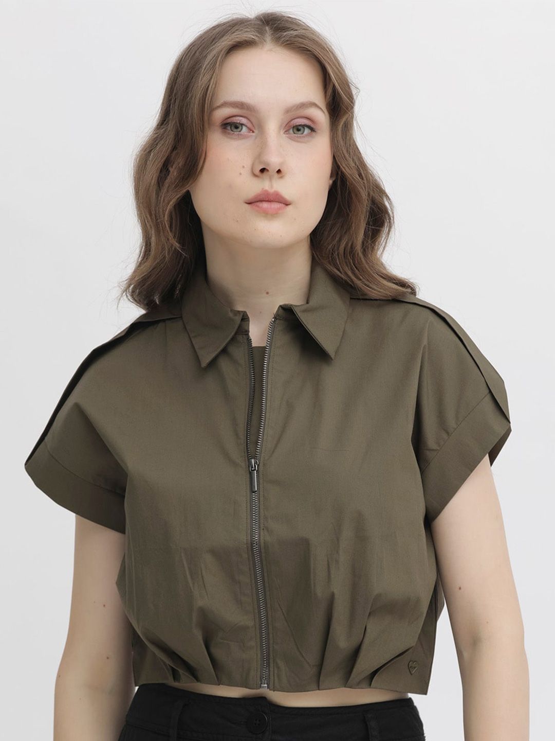 RAREISM Shirt Collar Extended Sleeves Crop Shirt Style Cotton Top
