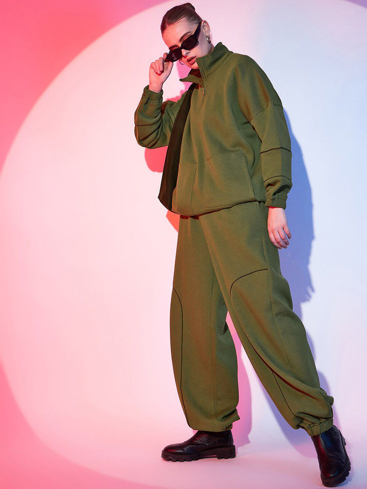 Street 9 Olive Green Mock Collar Fleece Sweatshirt