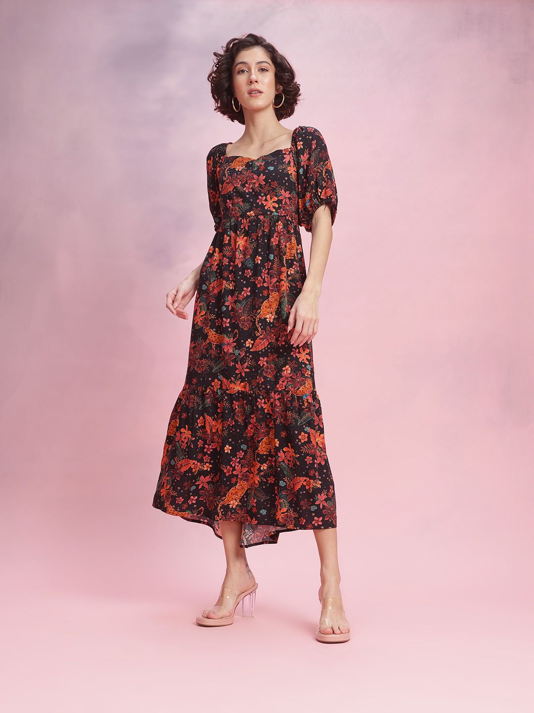 DressBerry Floral Printed Knot Detail Tiered A-Line Maxi Dress