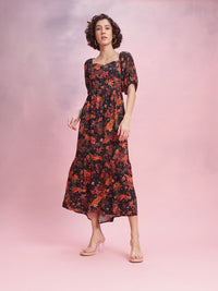 DressBerry Floral Printed Knot Detail Tiered A-Line Maxi Dress