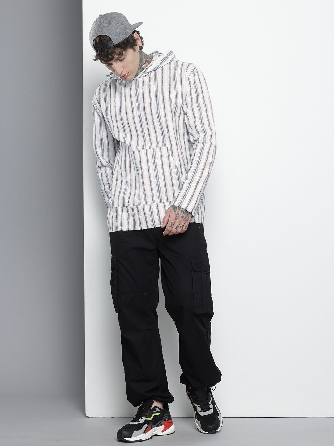 The Indian Garage Co Pure Cotton Striped Hooded Relaxed Fit Sweatshirt