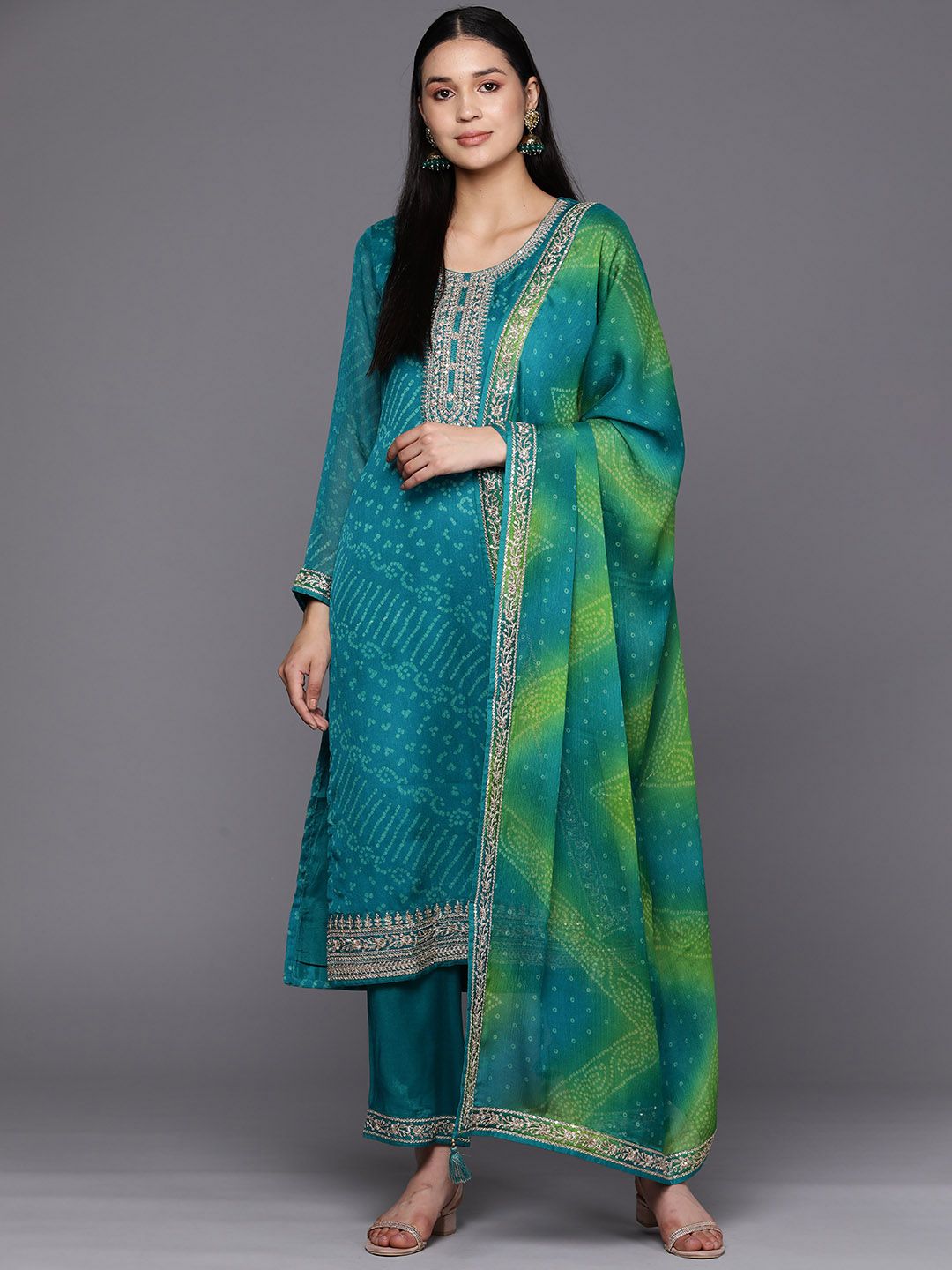 Libas Women Turquoise Blue Bandhani Printed Kurta with Trousers & With Dupatta