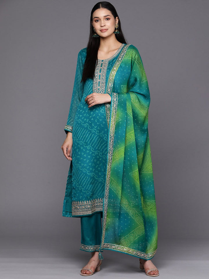 Libas Women Turquoise Blue Bandhani Printed Kurta with Trousers & With Dupatta
