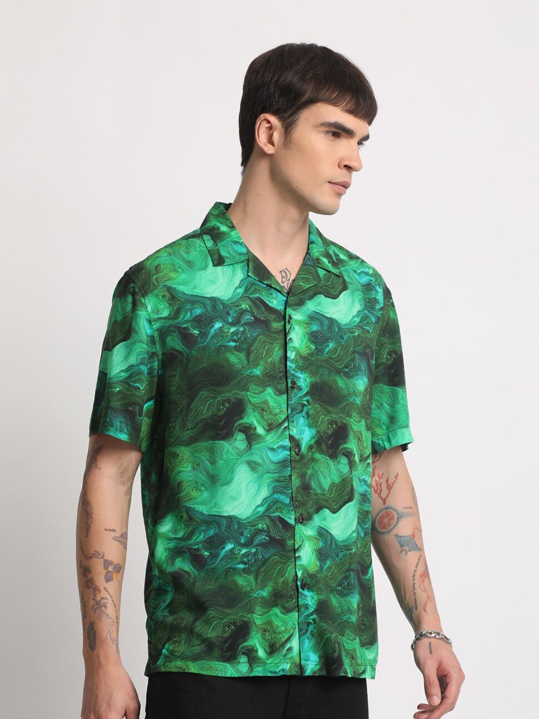 THE BEAR HOUSE Abstract Printed Cuban Collar Pure Cotton Casual Shirt