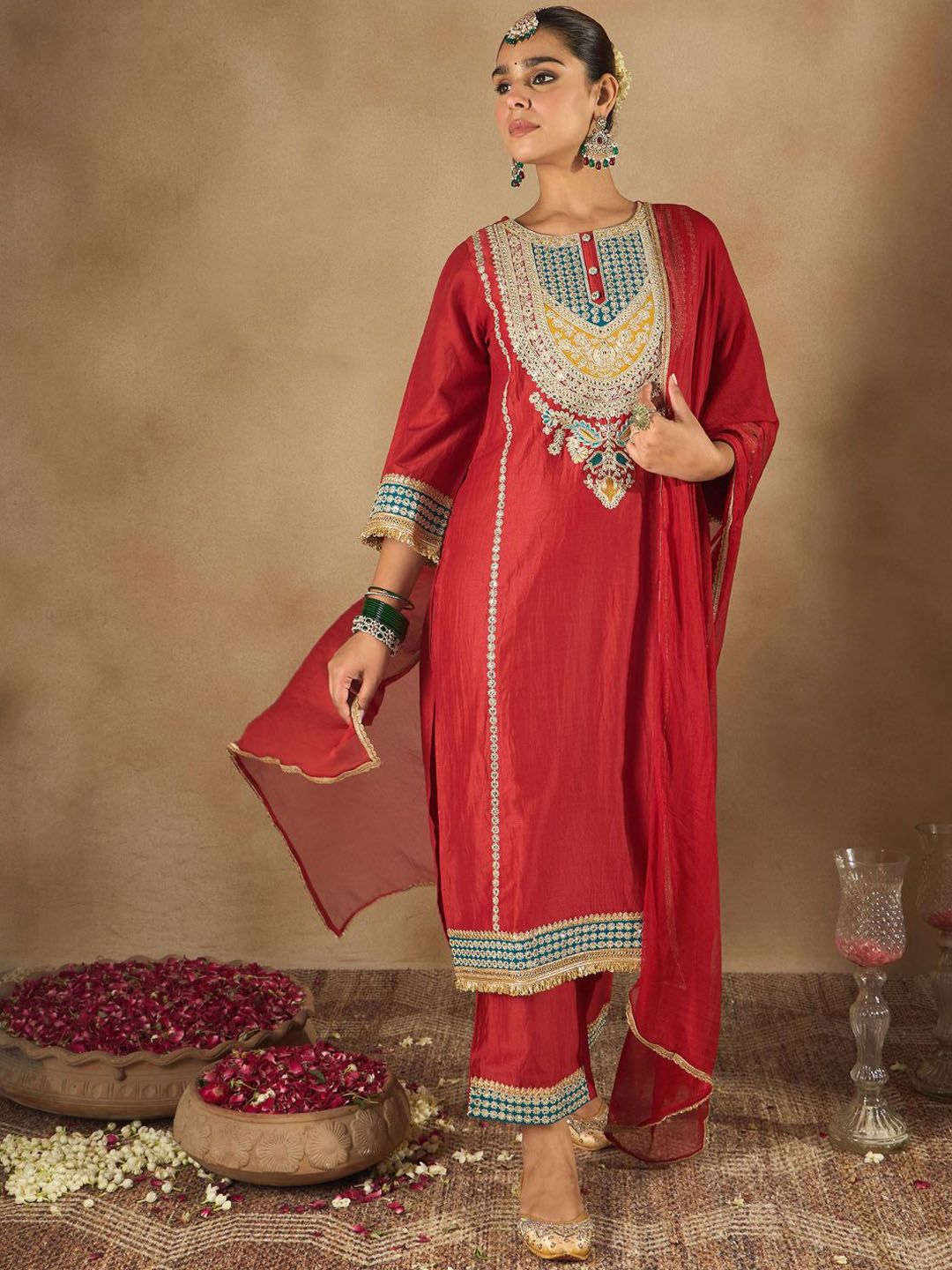 Indo Era Women Ethnic Motifs Embroidered Regular Kurta with Trousers & With Dupatta