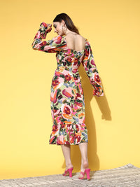 Berrylush Pink & Multicoloured Crepe Sweetheart Neck Midi Dress With Cut-Out Detail