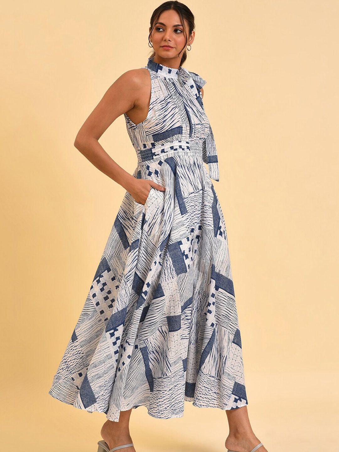 W Blue & White Halter Neck Printed Pure Cotton Culotte Jumpsuit