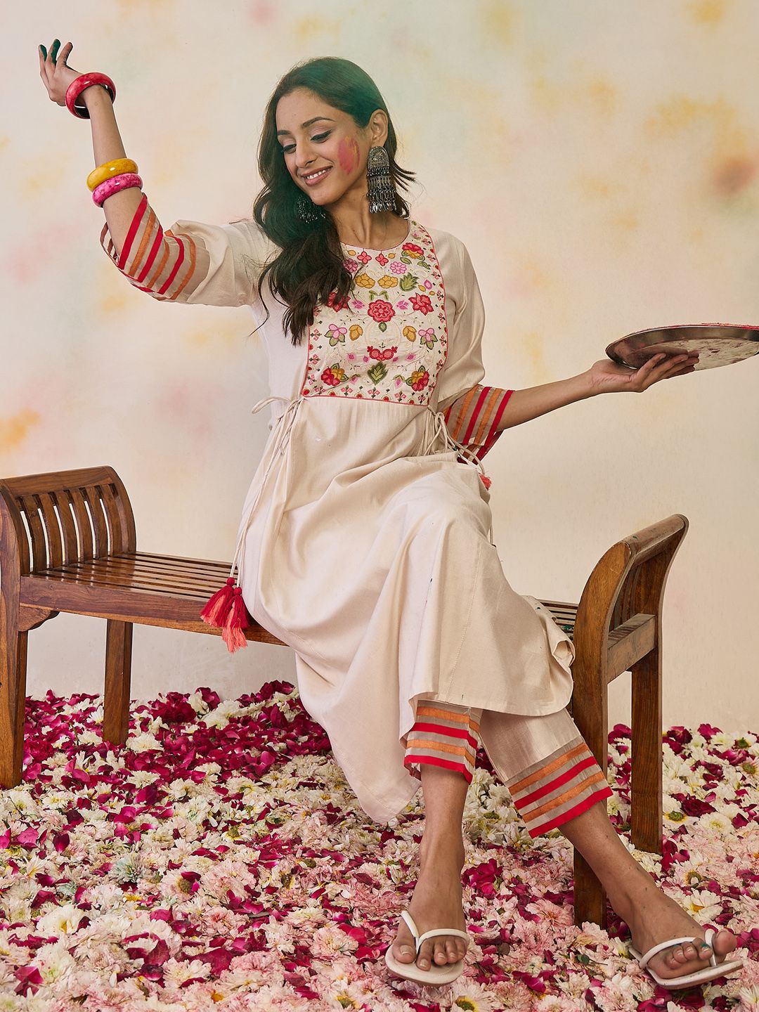 Indo Era Women Floral Yoke Design Empire Thread Work Liva Kurta with Trousers