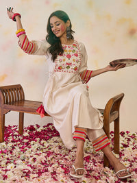 Indo Era Women Floral Yoke Design Empire Thread Work Liva Kurta with Trousers