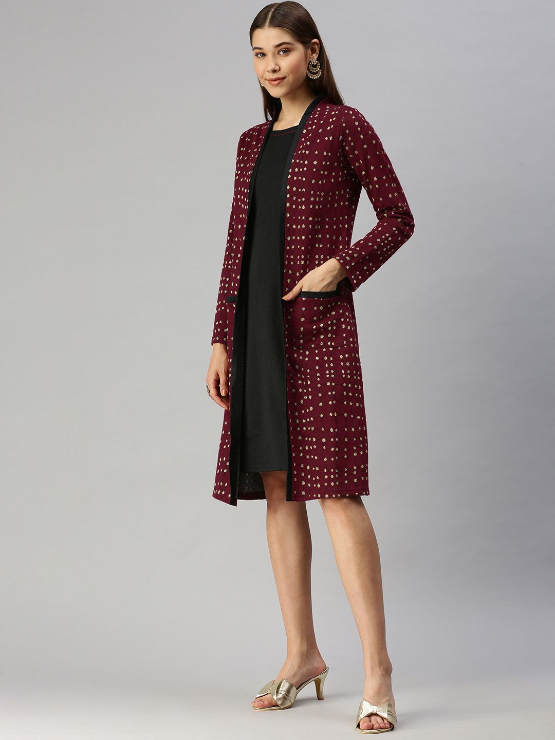 Global Desi Maroon & Gold-Toned Checked Shawl Collar Regular Sleeves Jacket Jumper Dress