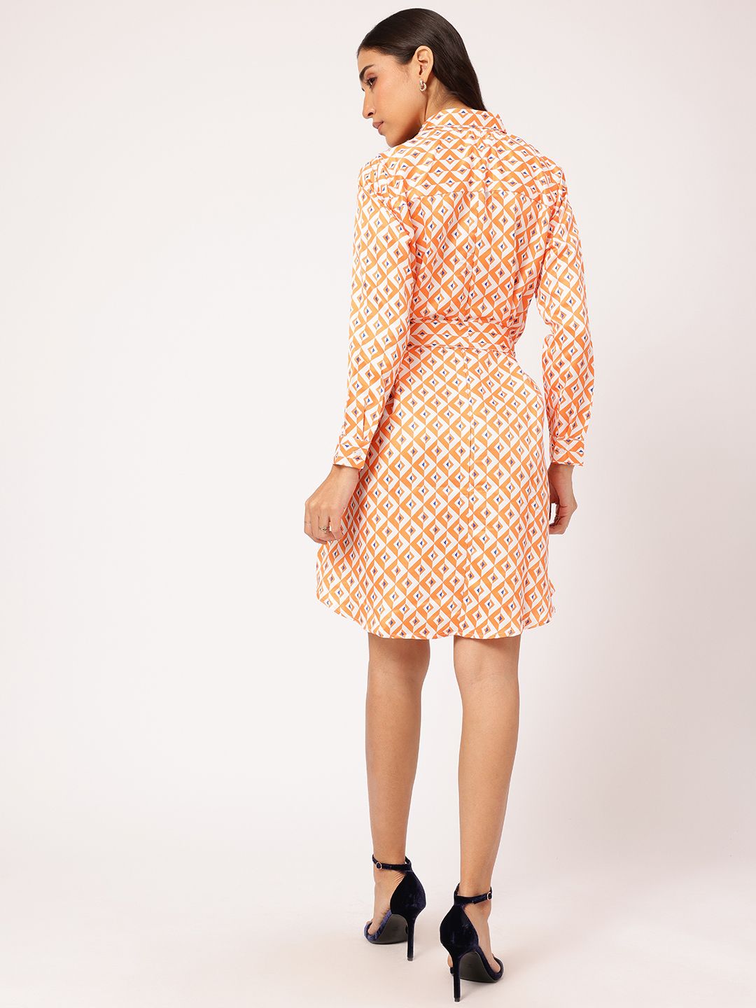 DressBerry Classy & Cool Geometric Printed Belted Mini Shirt Dress