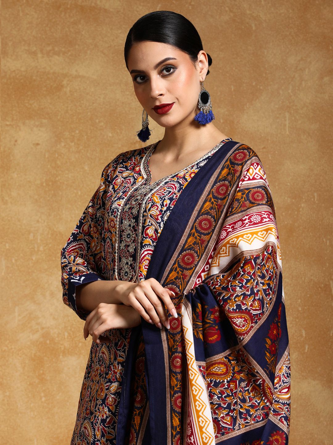 Varanga Floral Printed V-Neck Straight Kurta With Trousers And Dupatta