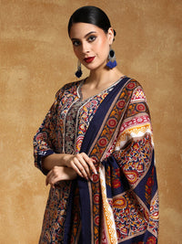 Varanga Floral Printed V-Neck Straight Kurta With Trousers And Dupatta