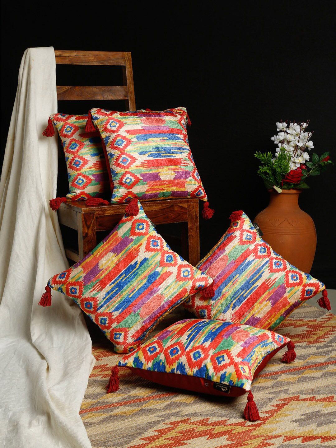 HOSTA HOMES Blue & Red Set of 5 Geometric Velvet Square Cushion Covers